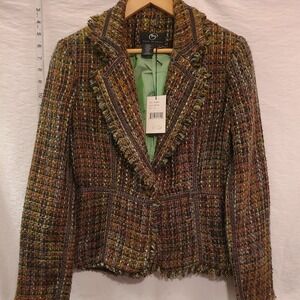 New Green Tweed Blazer Jacket True Meaning Fringe Lined Size 0 Multicolor